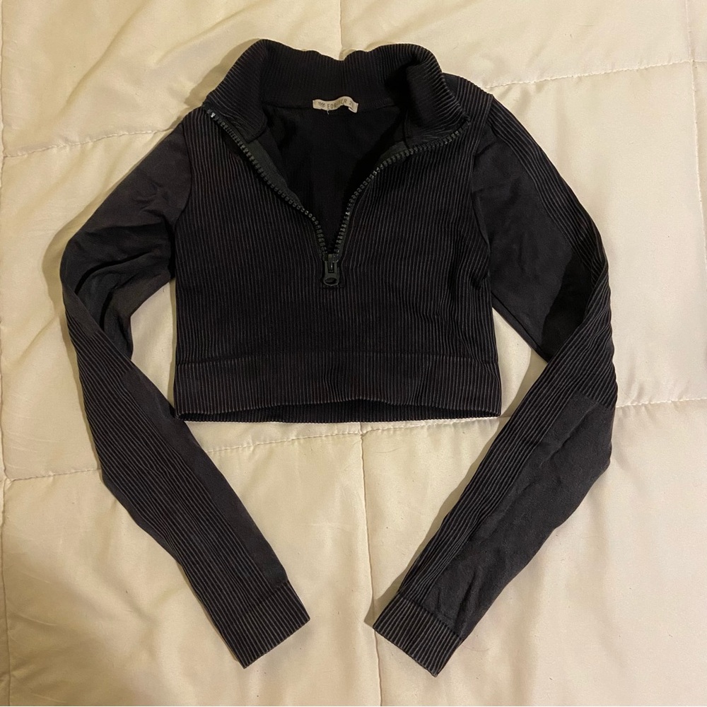Forever 21 Black Ribbed Quarter Zip Workout Top